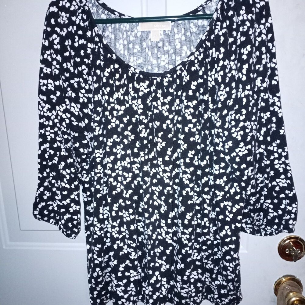 Michael Kors Women's 3/4 Sleeve Black/White Size Scoop Neck 2XL Top